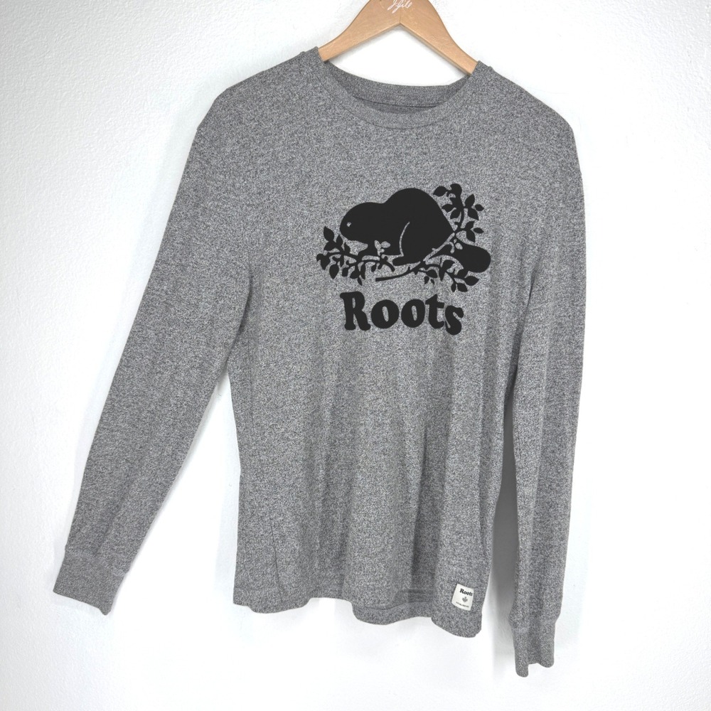 Roots Mens Long Sleeve Beaver Logo T-Shirt Grey Heather Organic Cotton Small
